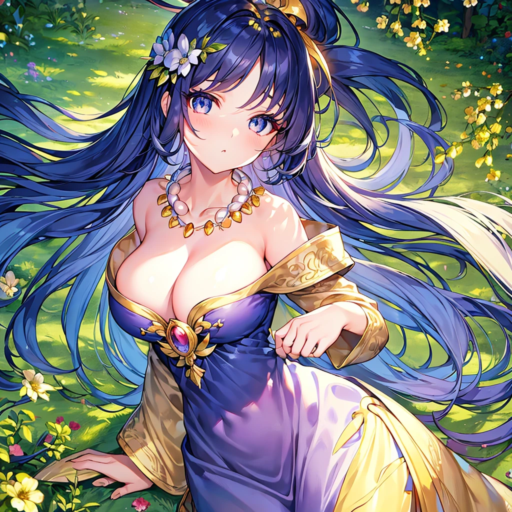 beautiful girl, hair over shoulders, clear eyes, smooth hair, exquisite and perfect facial features, The most beautiful big eyes, long eyelashes, Lying silkworm and sweet eyes, pout, dynamic angle, ultimate image quality, highest precision, Precise and perfect human body, necklace, bust, close, outdoor, The background is flowers and plants, long shot, full body portrait