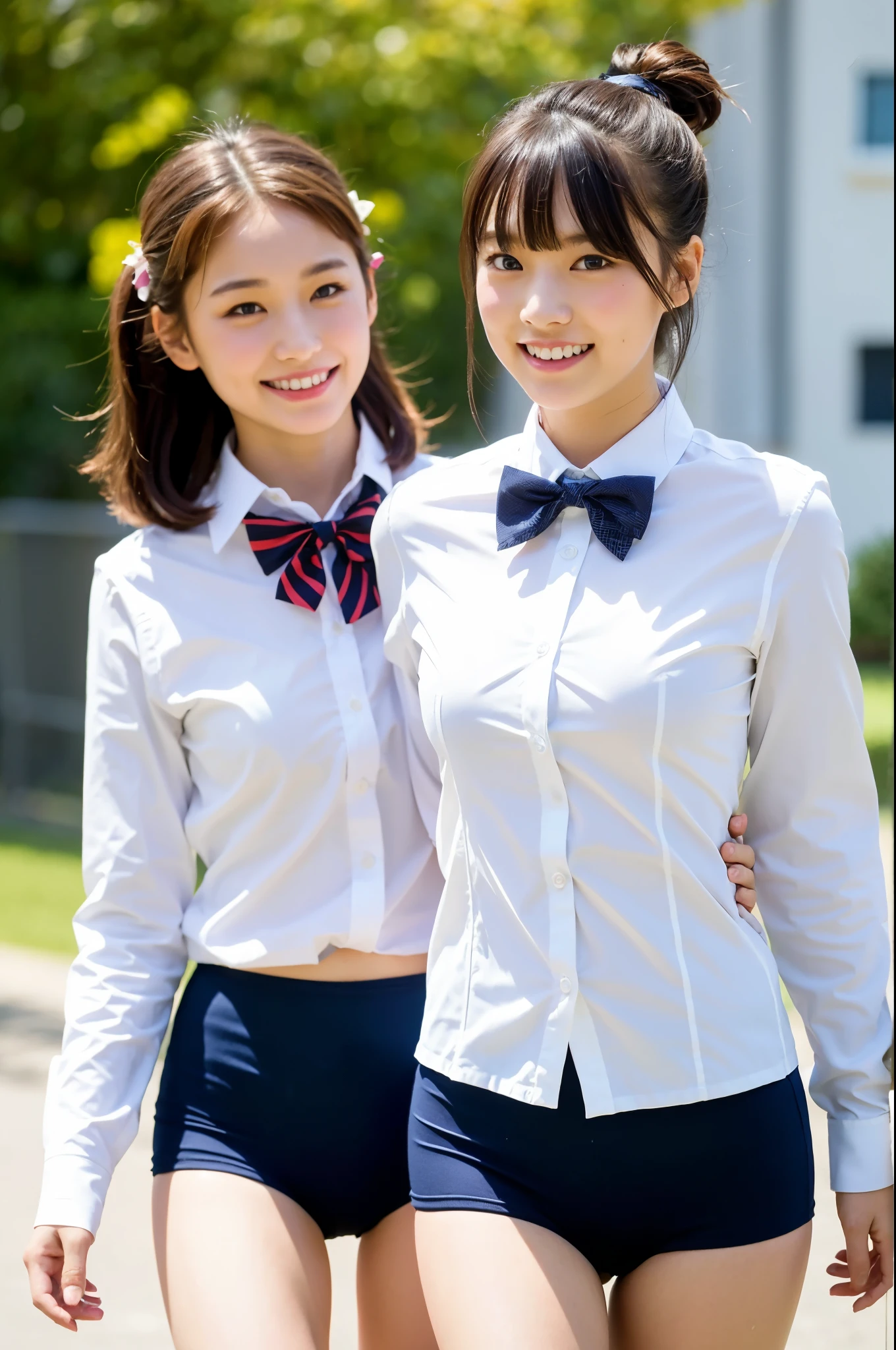 2 girls walking in school yard,long-sleeved white shirt with bow tie over navy blue school swimsuit,18-year-old,bangs,a little smile,thighs,knees,short cut hair,low ponytail,from below,front-lighting