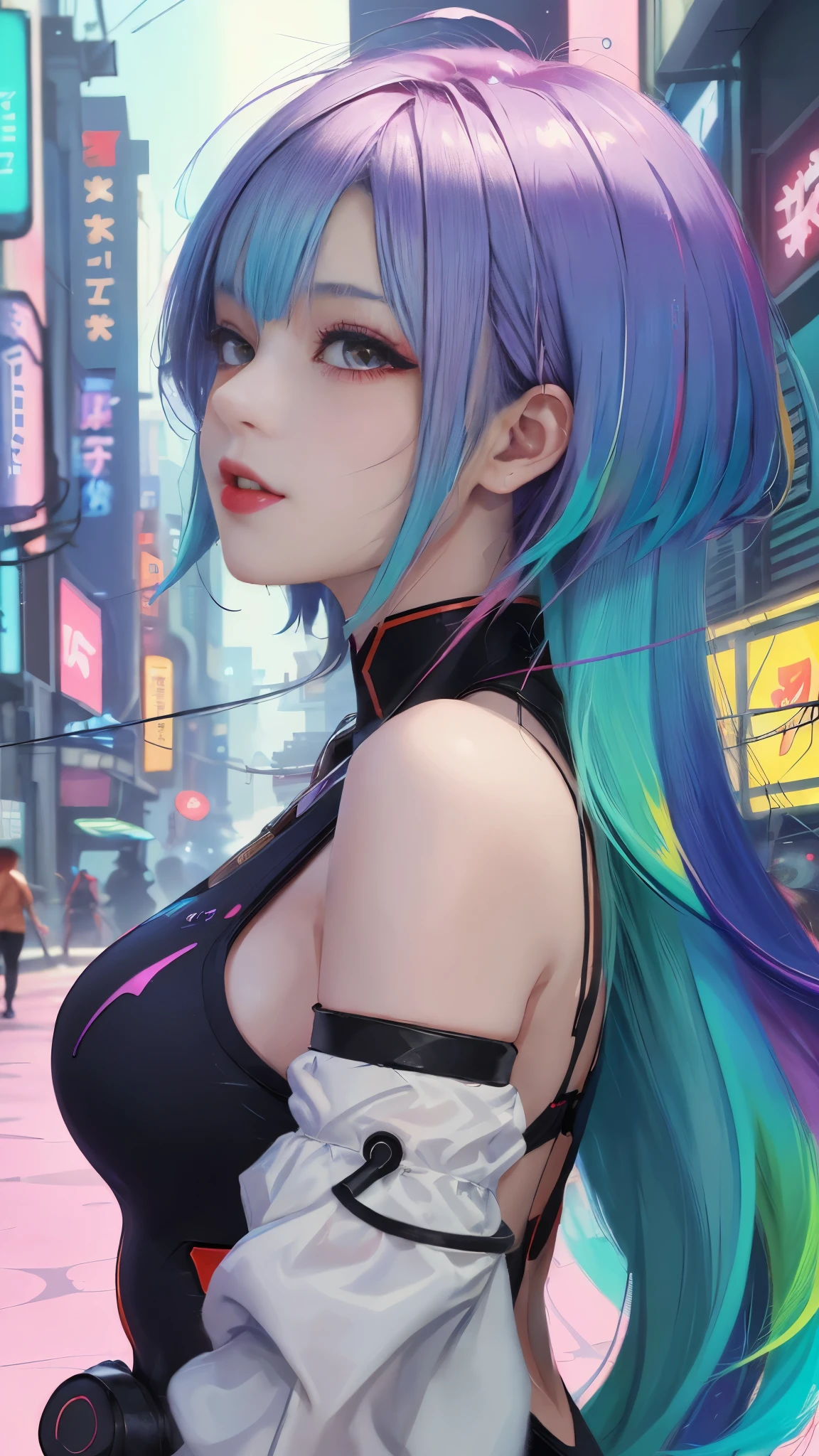 (masterpiece, best quality:1.3), Lucy, 1 girl, (colorful hair:1.4), Lucy (cyberpunk), cyberpunk,( bare shoulders:0.8), (Smile:0.6), looking at the audience, focus only, Bangs, red lips, , red eyeliner, elder sister, Colorful head profile:0.6),Big 