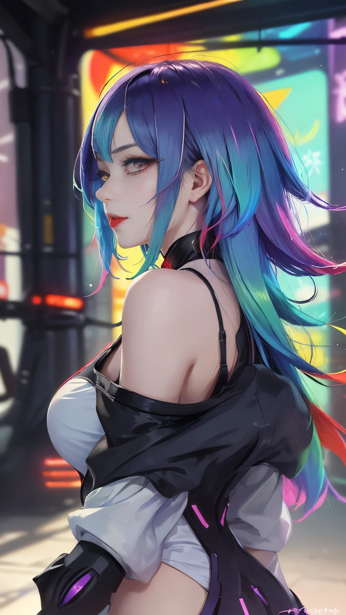 (masterpiece, best quality:1.3), Lucy, 1 girl, (colorful hair:1.4), Lucy (cyberpunk), cyberpunk,( bare shoulders:0.8), (Smile:0.6), looking at the audience, focus only, Bangs, red lips, , red eyeliner, elder sister, Colorful head profile:0.6),