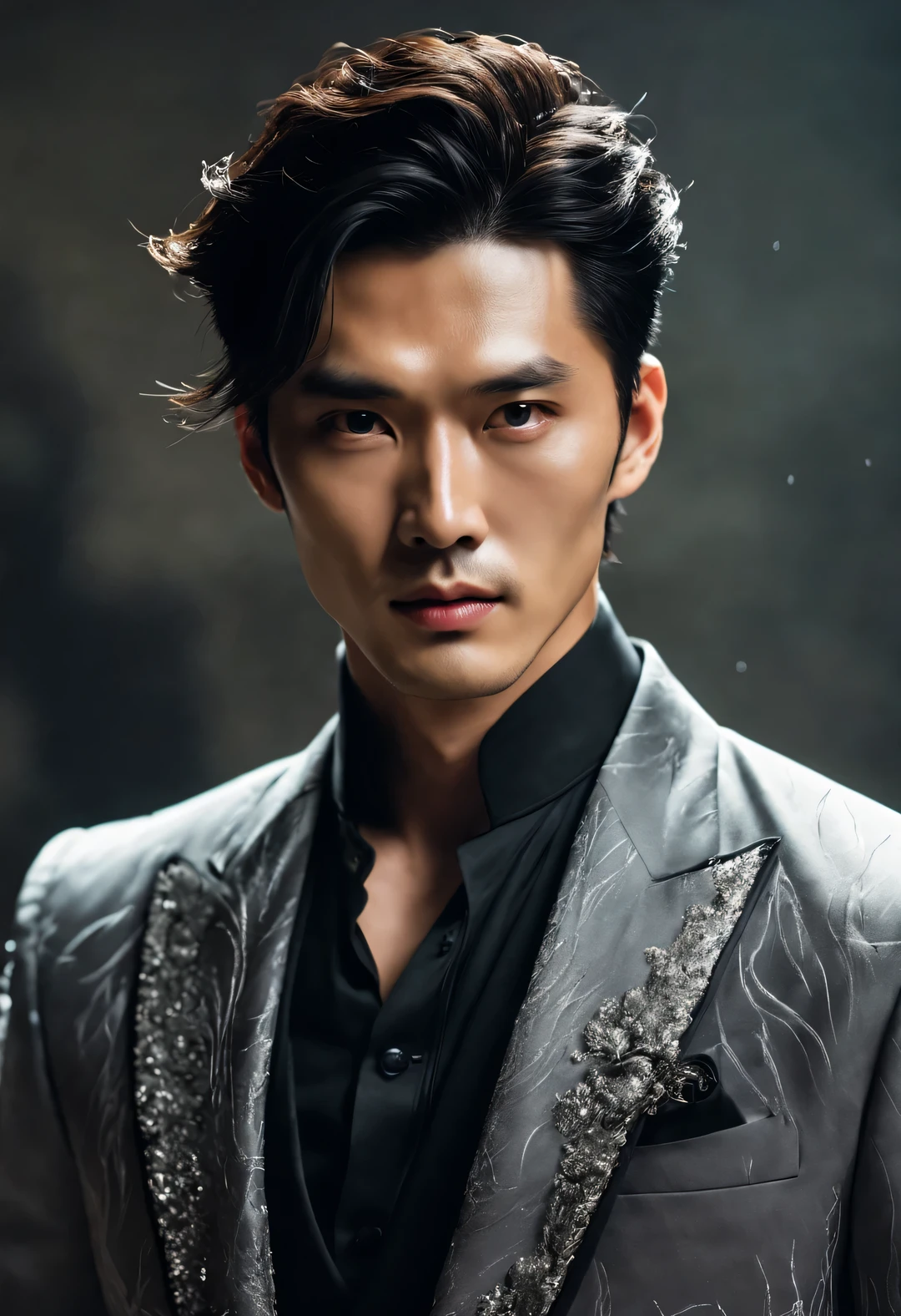 (male character design),(Half-length close-up)(Close-up of Chinese aloof and handsome guy Pan An),(Pan An wears modern and fashionable men's clothing'S suit),Pan An’s skin is fair and flawless,Toned muscles,Fresh and toned abs,His nose bridge is very high(very long messy hair:1.1),(Double eyelids, bright eyes, clear and bright big eyes),sad prince,Red lips and white teeth的清秀、Prefer tenderness and melancholy,Pan An is tall and tall.,He has a strong physique,His exquisite facial features,Red lips and white teeth,Show your kingly style,Noble temperament,Western Jin hairstyle,Inspired by Chinese actor Hu Ge,black and white,Chinese ink painting,black and white插画,Surrealism,HD,