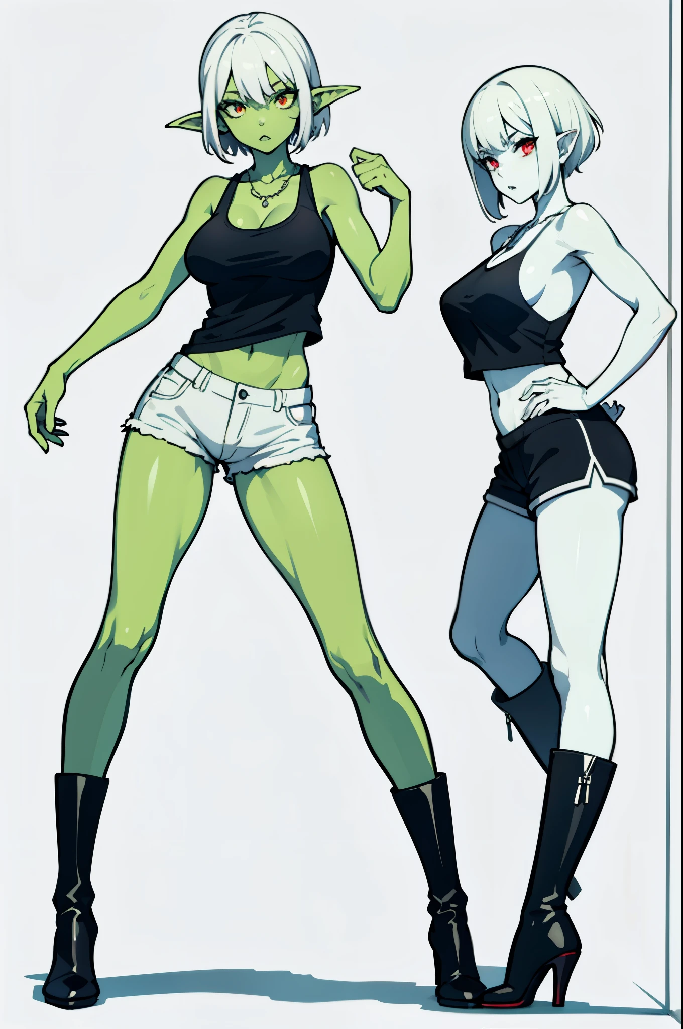 ((masterpiece,best quality)), Goblin woman, green skin, slim body, big breasts, white hair, red eyes, high boots, shorts, tank top, necklace, 8k, hd, masterpiece, full body, white background
