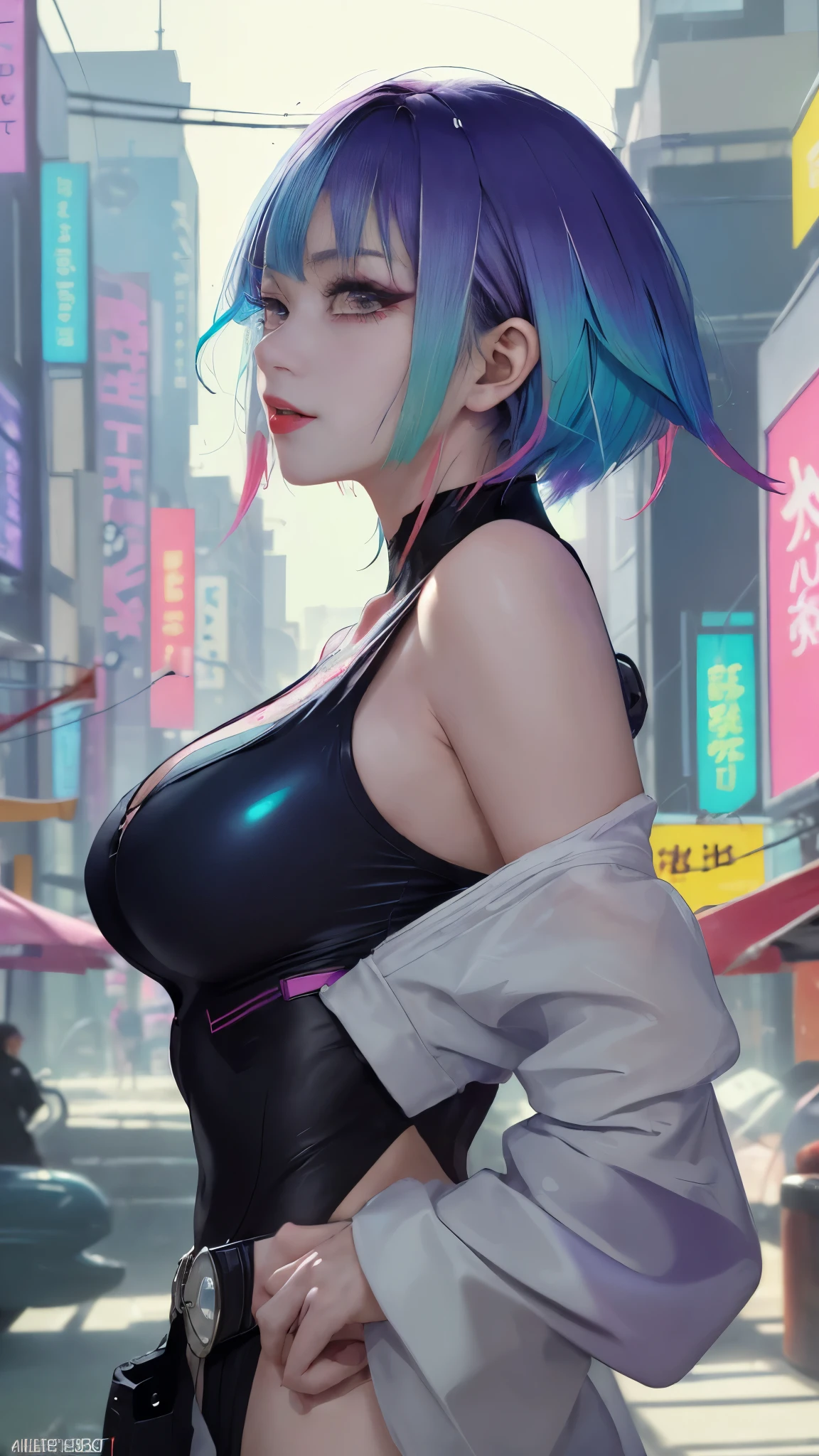 (masterpiece, best quality:1.3), Lucy, 1 girl, (colorful hair:1.4), Lucy (cyberpunk), cyberpunk,( bare shoulders:0.8), (Smile:0.6), looking at the audience, focus only, Bangs, red lips, , red eyeliner, elder sister, Colorful head profile:0.6),Big ，exposing her chest