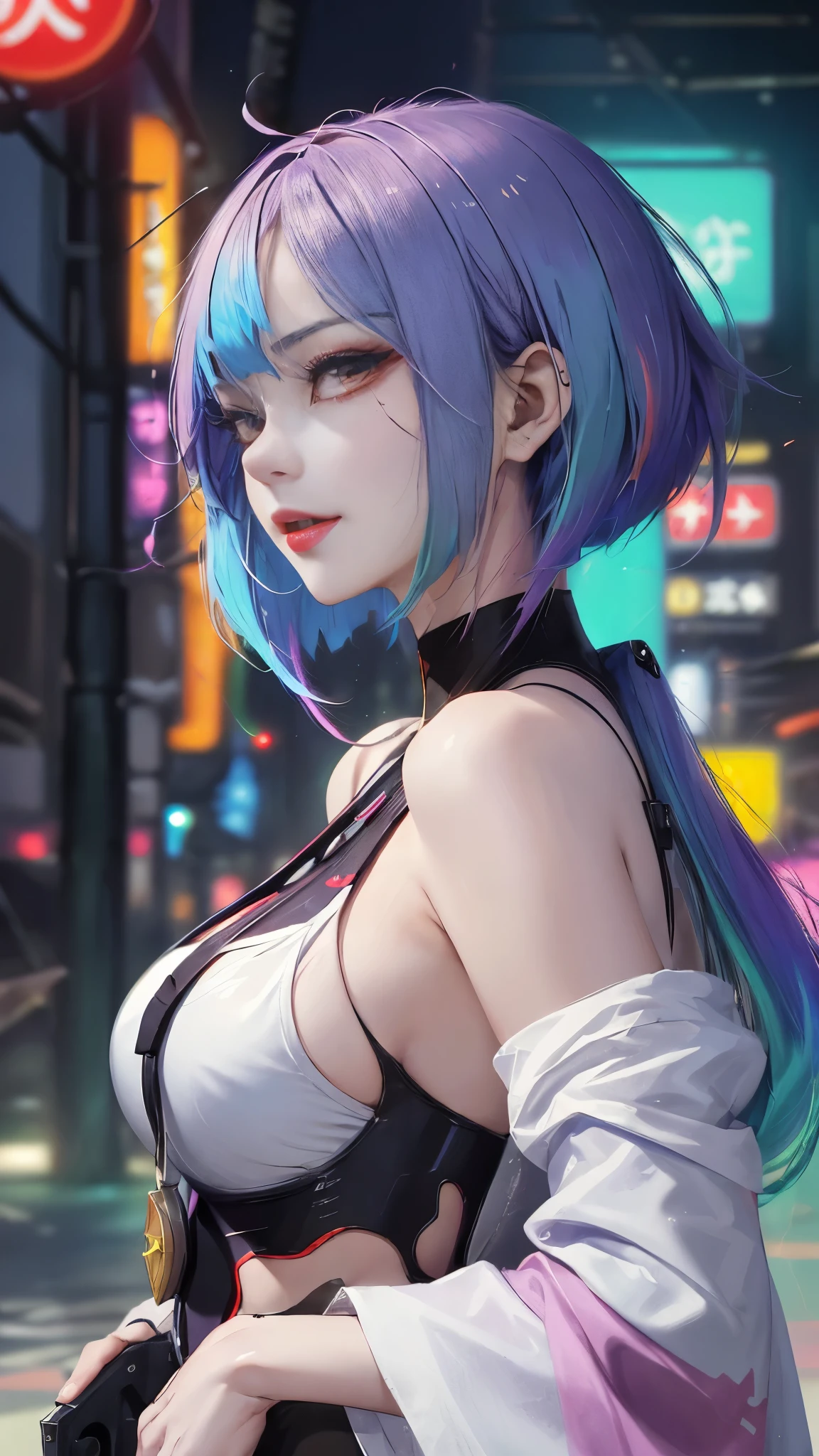 (masterpiece, best quality:1.3), Lucy, 1 girl, (colorful hair:1.4), Lucy (cyberpunk), cyberpunk,( bare shoulders:0.8), (Smile:0.6), looking at the audience, focus only, Bangs, red lips, , red eyeliner, elder sister, Colorful head profile:0.6),Big ，exposing her chest