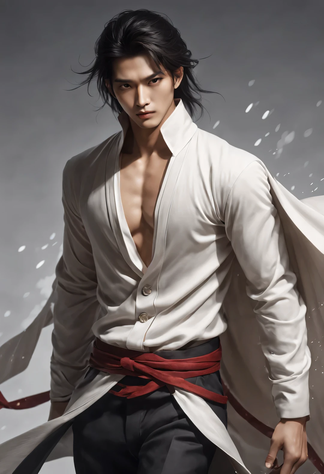 （male character design），（Half-length close-up）（Close-up of Chinese aloof and handsome guy Pan An），（Pan An wears modern and fashionable men&#39;s clothing&#39;S suit pants），Toned muscles，Fresh and toned abs（Pan An’s skin is fair and flawless），The bridge of his nose is high and straight，（Very long messy shawl hair：1.1），（Double eyelids, bright eyes, clear and bright big eyes），sad prince，Red lips and white teeth的清秀、Prefer tenderness and melancholy，Pan An is tall and tall.，He has a strong physique，His exquisite facial features，Red lips and white teeth，Show your kingly style，Noble temperament，Western Jin hairstyle，Inspired by Chinese actor Hu Ge，black and white，Chinese ink painting，black and white插画，Surrealism，HD，