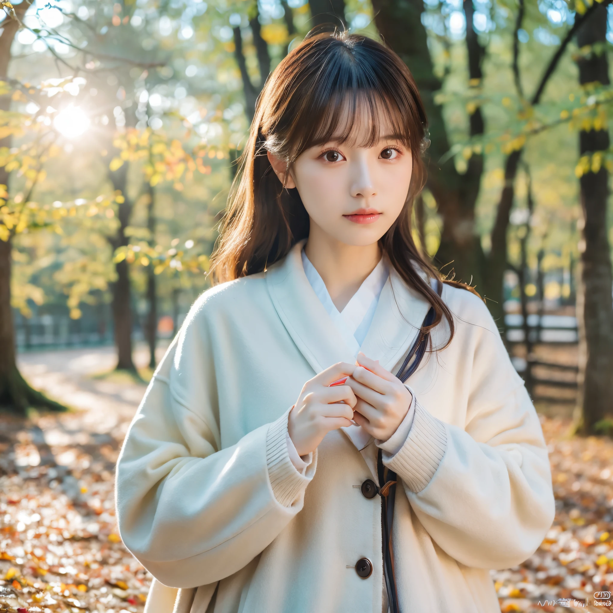 (8k, RAW Photo, Best Quality, Masterpiece: 1.2), (Realistic, Photo Real: 1.37), Professional Lighting, Photon Mapping, Teleportion, Japanese Girl, Park, White Autumn Wear, Natural makeup