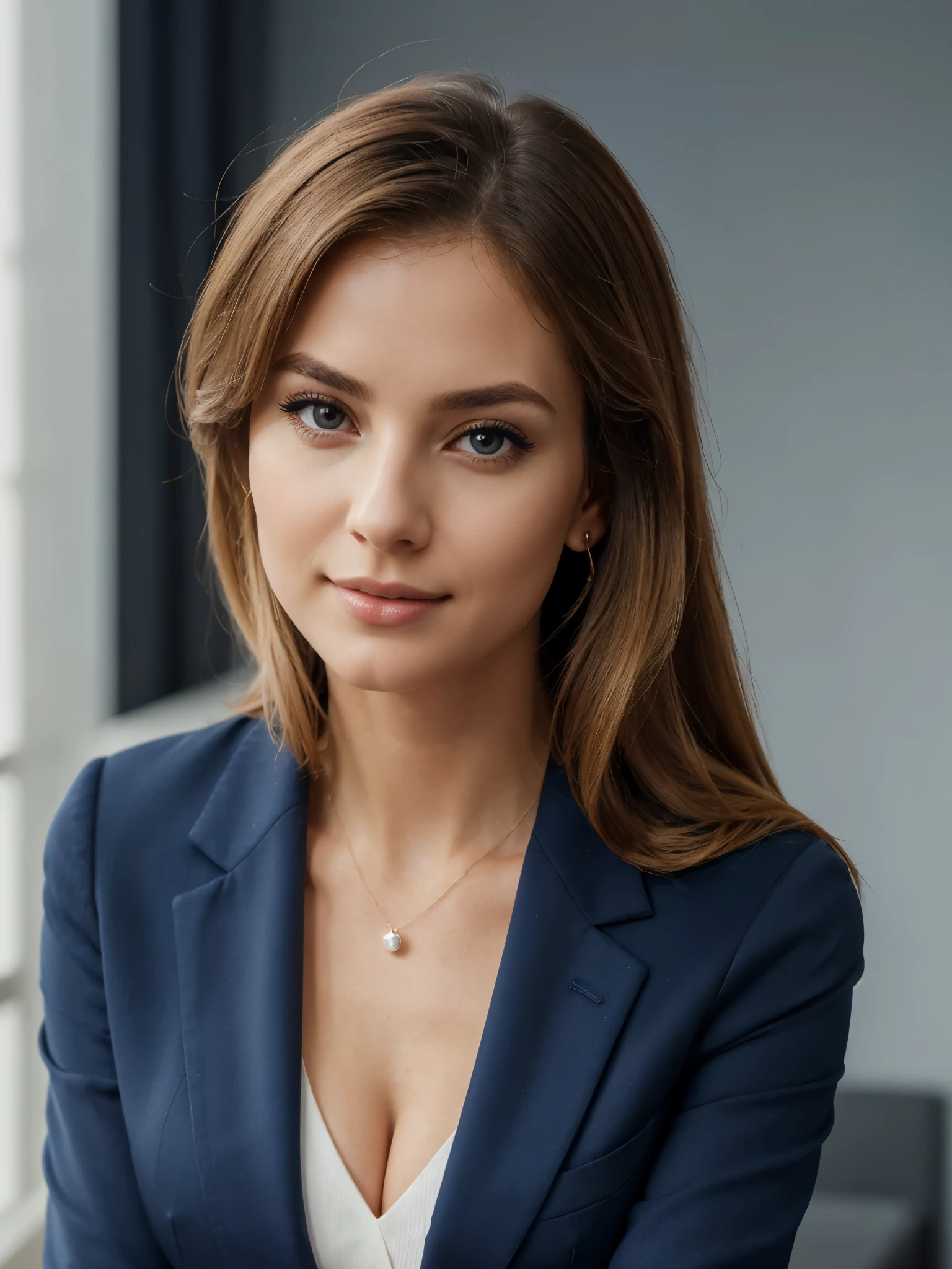 ((sfw:1.2)), (highres:1.2),(best quality:1.2),(professional:1.1),(portrait:1.1), navy dark blue profesional blazer clothes, blonde hair,upper body,female,stylish,elegant,corporate attire,businesswoman,headshot,beautiful,American,photo for CV,confident expression,neutral background,sharp focus,vivid colors,subtle makeup, eyes,sophisticated pose,professional lighting,high-key lighting,soft shadows,relaxed posture,exceptional detail,crisp lines,polished look,fine texture on navy blue clothing,delicate jewelry,refined features,graceful demeanor,classic beauty,perfect complexion,subtle smile,attractive woman,striking appearance,impressive confidence,neatly arranged hair,subdued colors