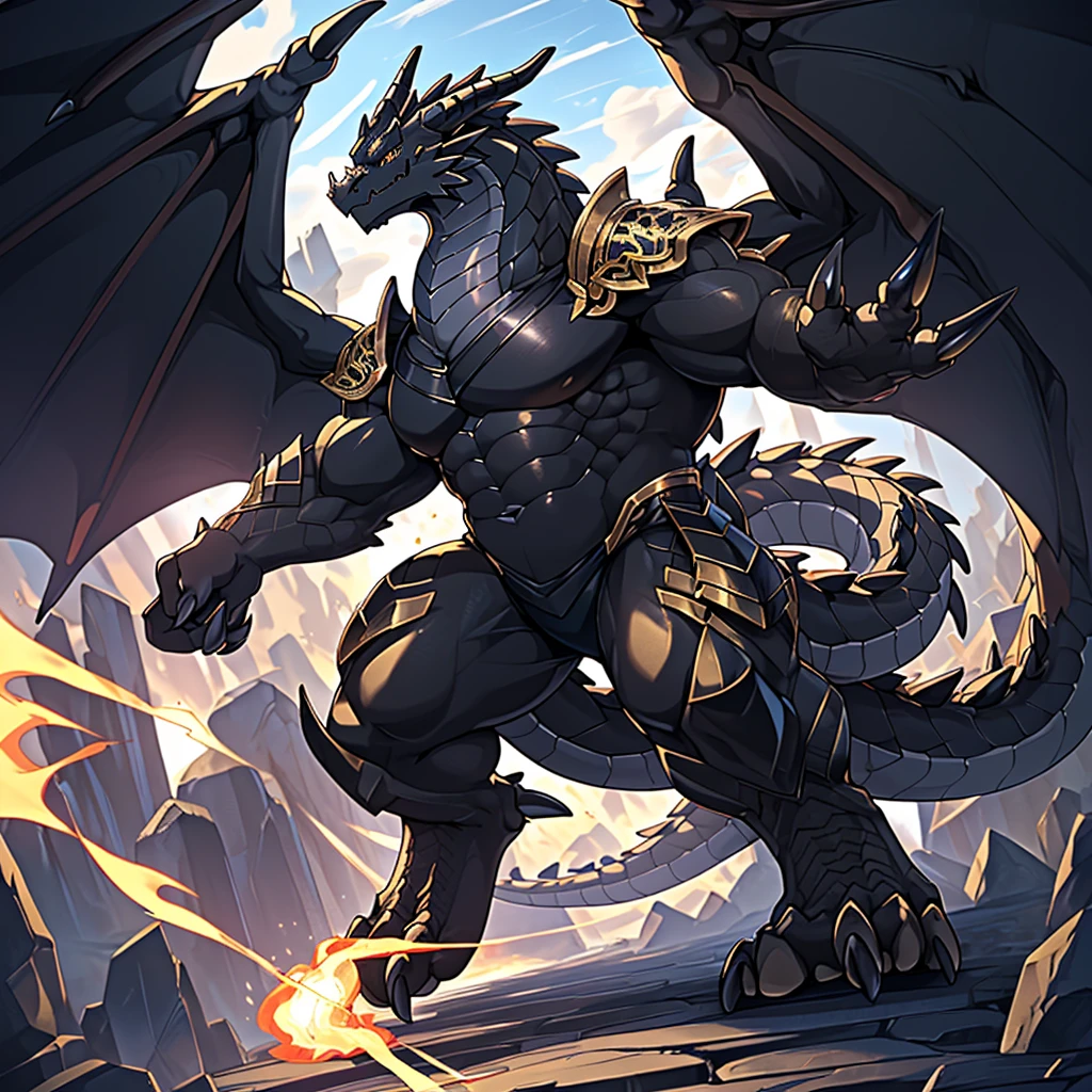 (The violent and huge Black Dragon King,A control chip is implanted in the brain,Wearing black and gold armor all over:100),(Broad dragon body,majestic wingspan,Sharp dragon claws,thick dragon tail,huge black dragon king,Huge dragon claws:2),Strong build,Overwhelming presence,full body picture,Very detailed,4K HD