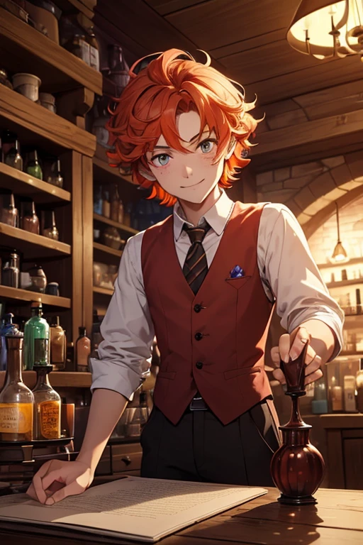 (((Masterpiece))), best quality, ultra-detailed CG unity 8k wallpaper potion shop, a boy with curly red-orange hair is brewing on a cauldron, pink solution inside cauldron, fumes, wearing white shirt, red vest, black pants, caucasian boy, 16 years old, smiling, freckles on his face, brown eyes, night time inside potion shop, dark setting, glowing cauldron, glowing potions on shelves, colorful potions