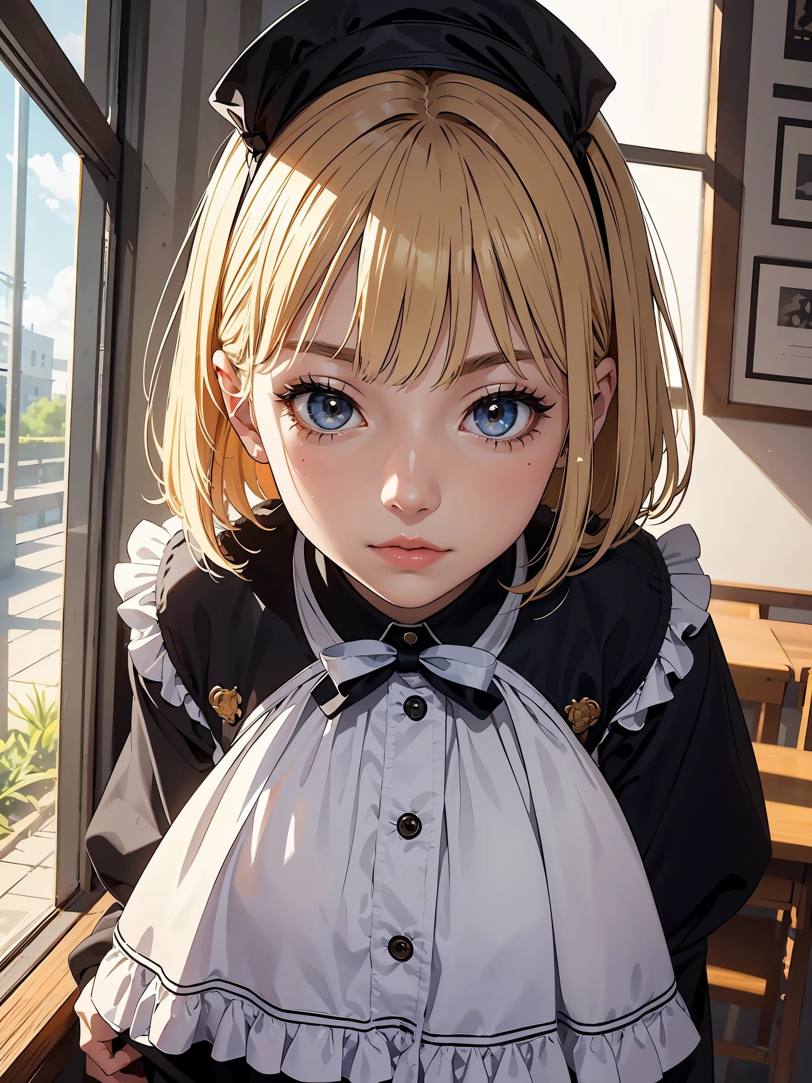 A high school girl in the style of Japanese anime illustration from 2020 with a detailed and realistic background that has depth and texture. The girl has blonde hair in a short one-length braided ponytail bob cut and wears a classical maid outfit. The theme is a maid cafe and the image is a portrait with contrast. The language in the image is Japanese and the romanization is English. The girl's eyes are realistic, complex, and detailed, and her skin texture is very fine. The girl's posing is instructed by a world-famous master and the image has a sense of dynamism. The girl's figure is a cowboy shot. The image size is 1024 x 1536 pixel