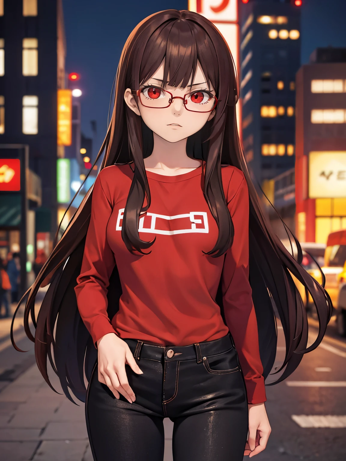 Brown hair, long hair, medium chest, red shirt, black jeans, red eyes, sharp eyes, bangs, red glasses, city, biridere, straight face, large chest, sharp irises, tall
