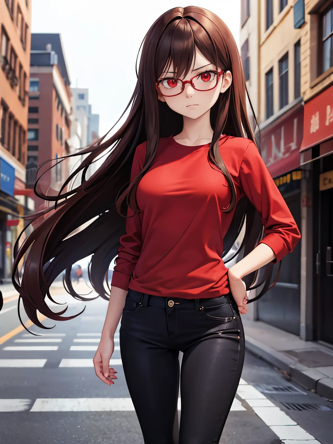 Brown hair, long hair, medium chest, red shirt, black jeans, red eyes, sharp eyes, bangs, red glasses, city, biridere, straight face, large chest, sharp irises, tall