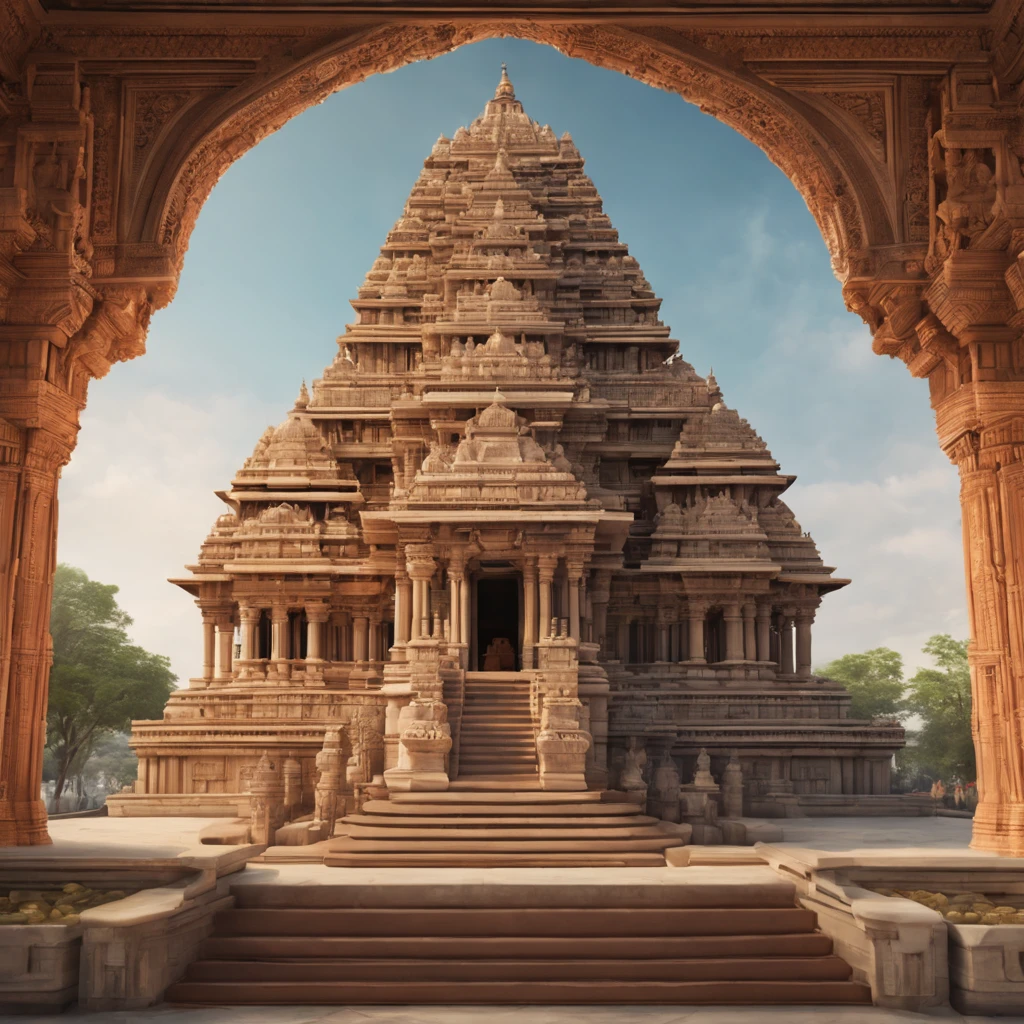 Hyperdetailed, photo of Beautiful elegant entangled stone Hindu temple architecture, Shree Ram Mandir, built on a raised platform, illustration by Chandrakant Sompura, Chaulukya style architecture, masterpiece design, photography, realistic, fantasy concept