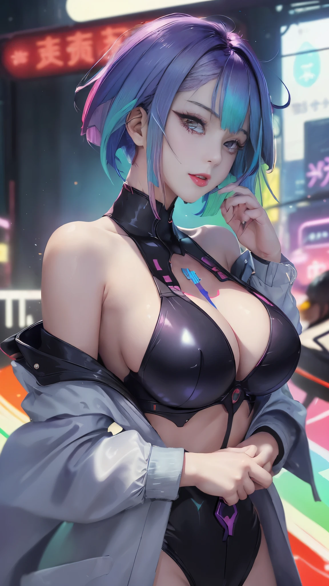 (masterpiece, best quality:1.3), Lucy, 1 girl, (colorful hair:1.4), Lucy (cyberpunk), cyberpunk,( bare shoulders:0.8), (Smile:0.6), looking at the audience, focus only, Bangs, red lips, , red eyeliner, elder sister, Colorful head profile:0.6),Big boobs,exposing her chest,huge ,huge breast