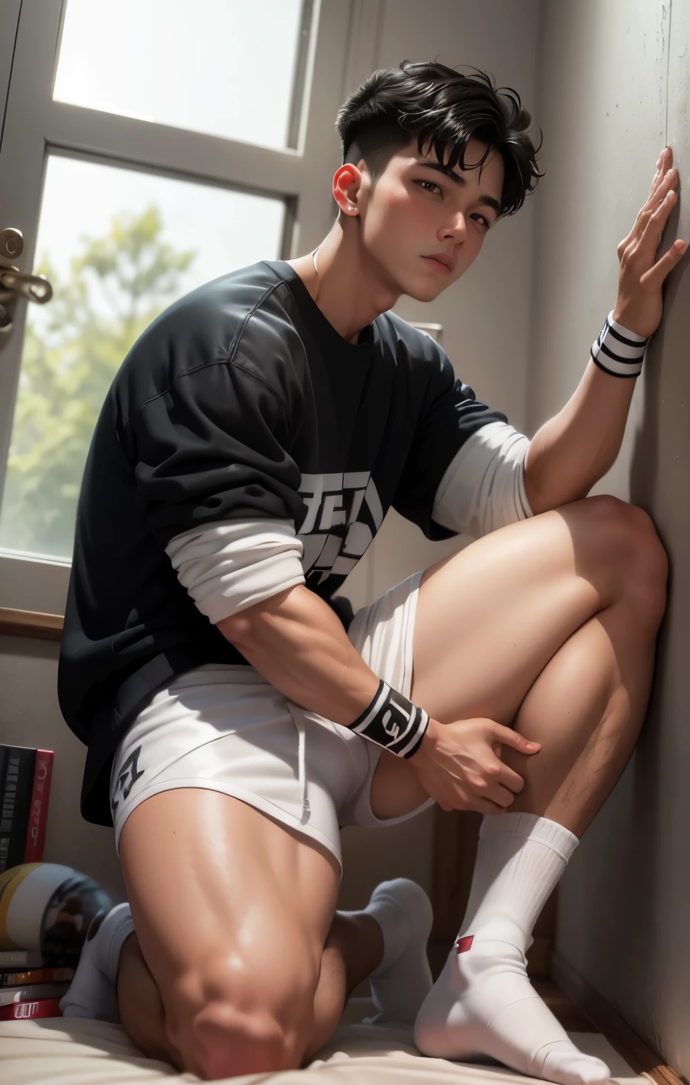 18-year-old boy, white  panties, White football socks, Cock your ass, perspire,bareness, White and tender skin, rough breath, torogao, nose blush, full face blush, Black hair, High details, Textured skin, High quality, Best quality, A high resolution, hyper HD, Masterpiece