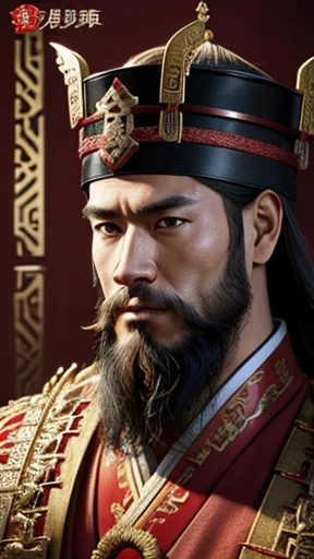 oriental、man in ancient chinese clothes、three kingdom、multiple warlords、highest quality、masterpiece、ultra high resolution、(realistic:1.4)、game poster、Clear and beautiful image quality、Red clothes、beard、I put a square box on my head