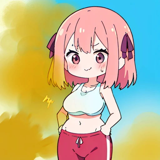 (master piece、super detail、highest quality、8k、32K、High resolution、Kyoto Animation Style Anime Illustration、highest qualityの公式アートの特徴: 1.6)、(caregiver) 、cute女の子 1 人、solo、Are standing、watch viewer、whole body、predecessor、Makeup、cute、: 1.3)、(:1.2)、(cute:1.5)、セクシーなcute女の子、Morning park during a run、shortness of breath、(Sweat)1.4、Satisfied smile、Wearing a light brown sports bra and jogger pants、Transparent shirt、Soft and clean focus、Realistic lighting and shading、Active、dynamism、(light pink hair、twin blade、long hair、hair ribbon、cuteリボン: 1.1)、thin eyebrows、big breasts、women stink、fart、shyness、blush、Gas comes out of the butt、put pressure on your face、lots of gas、whole body写真