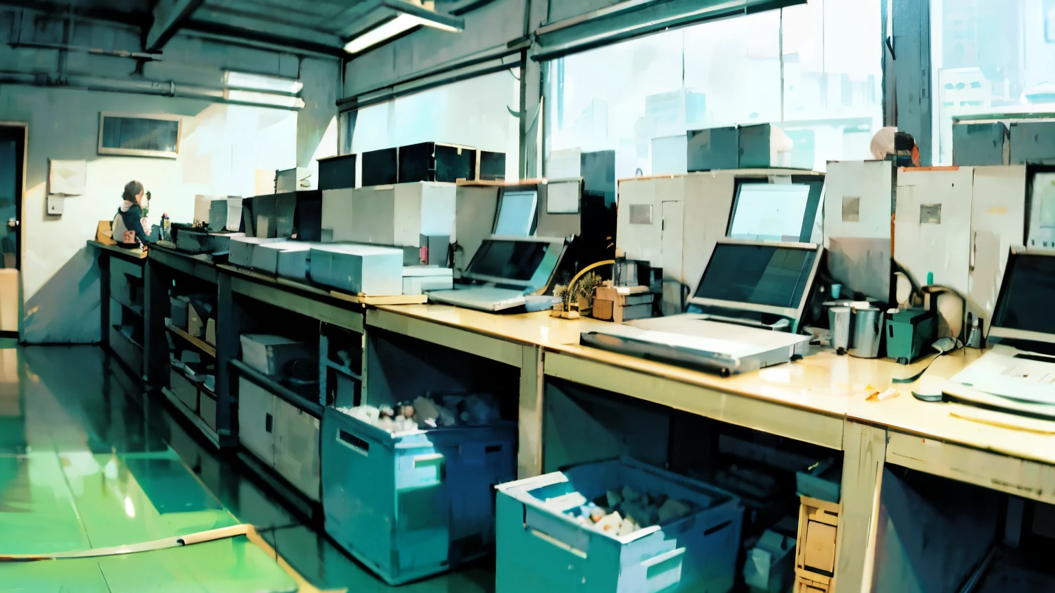 一条兔耳production line,future,panoramic,black and white,2D,Cartoon,,karo,production line,Mechanical style