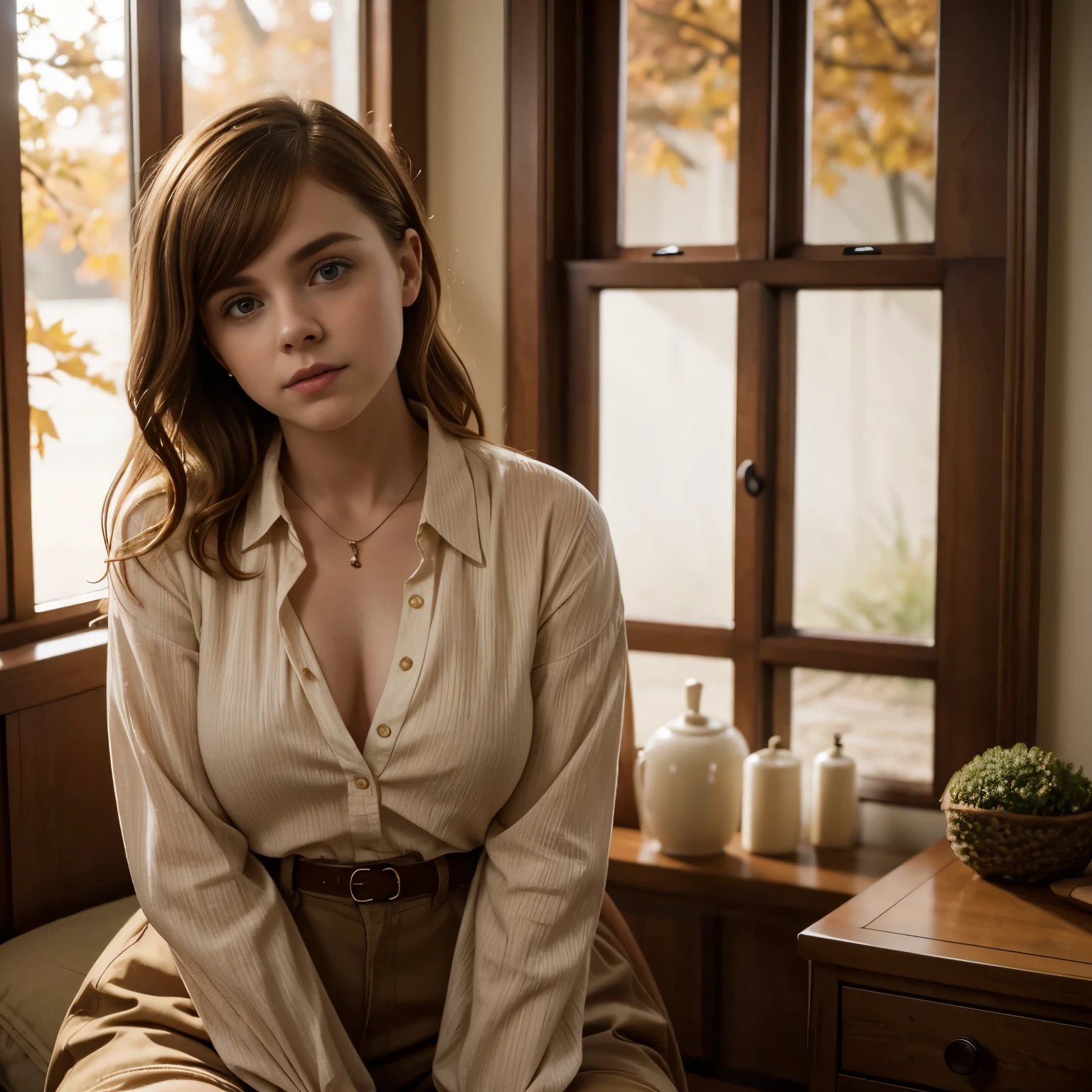 Sophia Lillis, cleavage, long braided hair, curvy body, autumn room, blouse