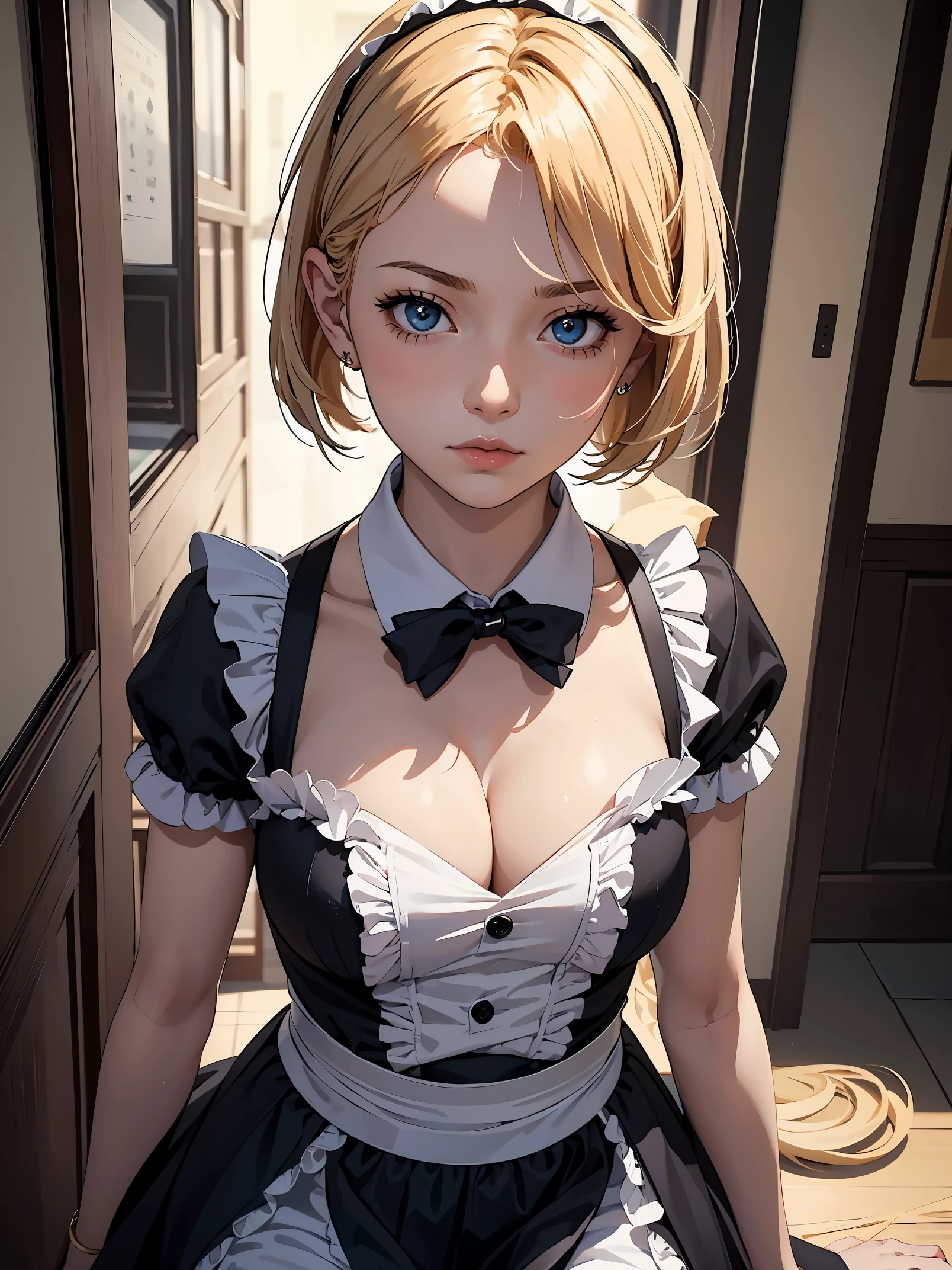 A high school girl in the style of Japanese anime illustration from 2020 with a detailed and realistic background that has depth and texture. The girl has blonde hair in a short one-length braided ponytail bob cut and wears a classical maid outfit. The theme is a maid cafe and the image is a portrait with contrast. The language in the image is Japanese and the romanization is English. The girl's eyes are realistic, complex, and detailed, and her skin texture is very fine. The girl's posing is instructed by a world-famous master and the image has a sense of dynamism. The girl's figure is a cowboy shot. The image size is 1024 x 1536 pixel