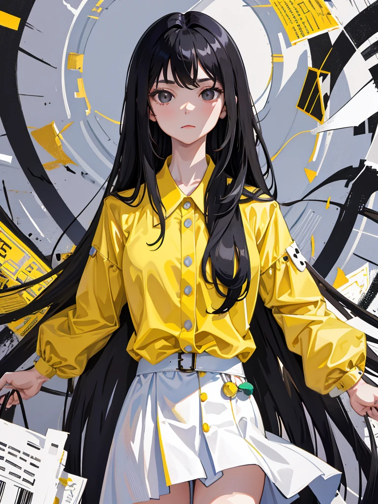 masterpiece, best quality)), (1 girl), (alone), (female focus), (ahog, black hair, long hair), black eyes, ((Yellow shirt), (button shirt)), , permanent, White background, Put your arms behind your back,