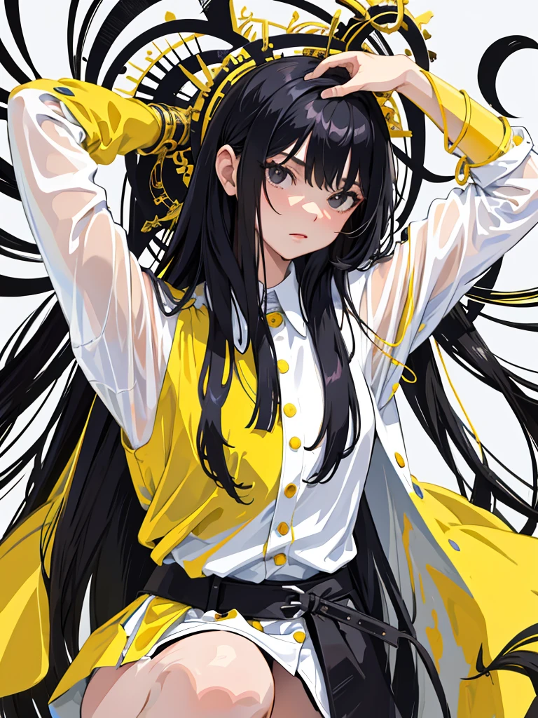 masterpiece, best quality)), (1 girl), (alone), (female focus), (ahog, black hair, long hair), black eyes, ((Yellow shirt), (button shirt)), , permanent, White background, Put your arms behind your back,