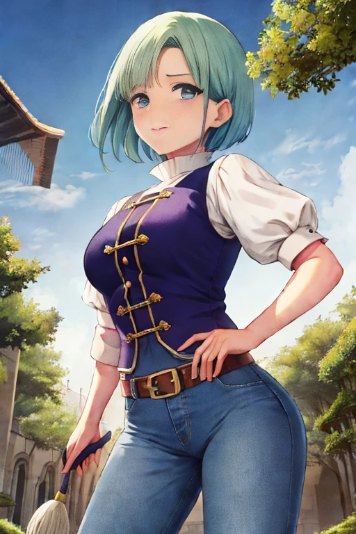 melhor qualidade, high resolution, e18, 1 garota, Android 18, Sozinho, cabelo loiro, olhos azuis, cinto, jeans, pearl_colar, pulseira, luvas pretas, camisa branca, cabelo curto, manga curta, brincos, blue pants, Colete aberto, colete preto, seios grandes, tiro de vaqueiro, rua, sempre em frente,
