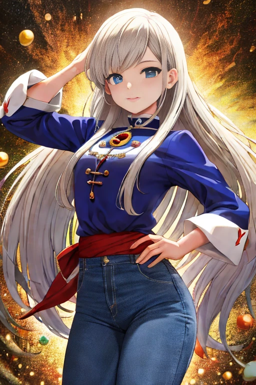 melhor qualidade, high resolution, e18, 1 garota, Android 18, Sozinho, cabelo loiro, olhos azuis, cinto, jeans, pearl_colar, pulseira, luvas pretas, camisa branca, cabelo curto, manga curta, brincos, blue pants, Colete aberto, colete preto, seios grandes, tiro de vaqueiro, rua, sempre em frente,