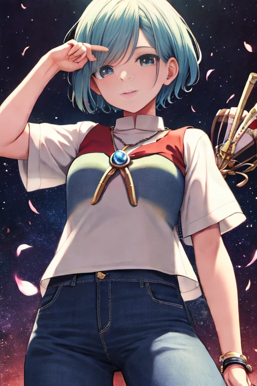 melhor qualidade, high resolution, e18, 1 garota, Android 18, Sozinho, cabelo loiro, olhos azuis, cinto, jeans, pearl_colar, pulseira, luvas pretas, camisa branca, cabelo curto, manga curta, brincos, blue pants, Colete aberto, colete preto, seios grandes, tiro de vaqueiro, rua, sempre em frente,