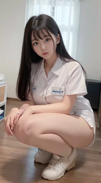 ( (8K:1.27)、highest quality、masterpiece、Super high resolution:1.2)、squat、I can almost see my chest、white nurse uniform、black haired、long straight hair、huge tit、In the hospital、hospital room