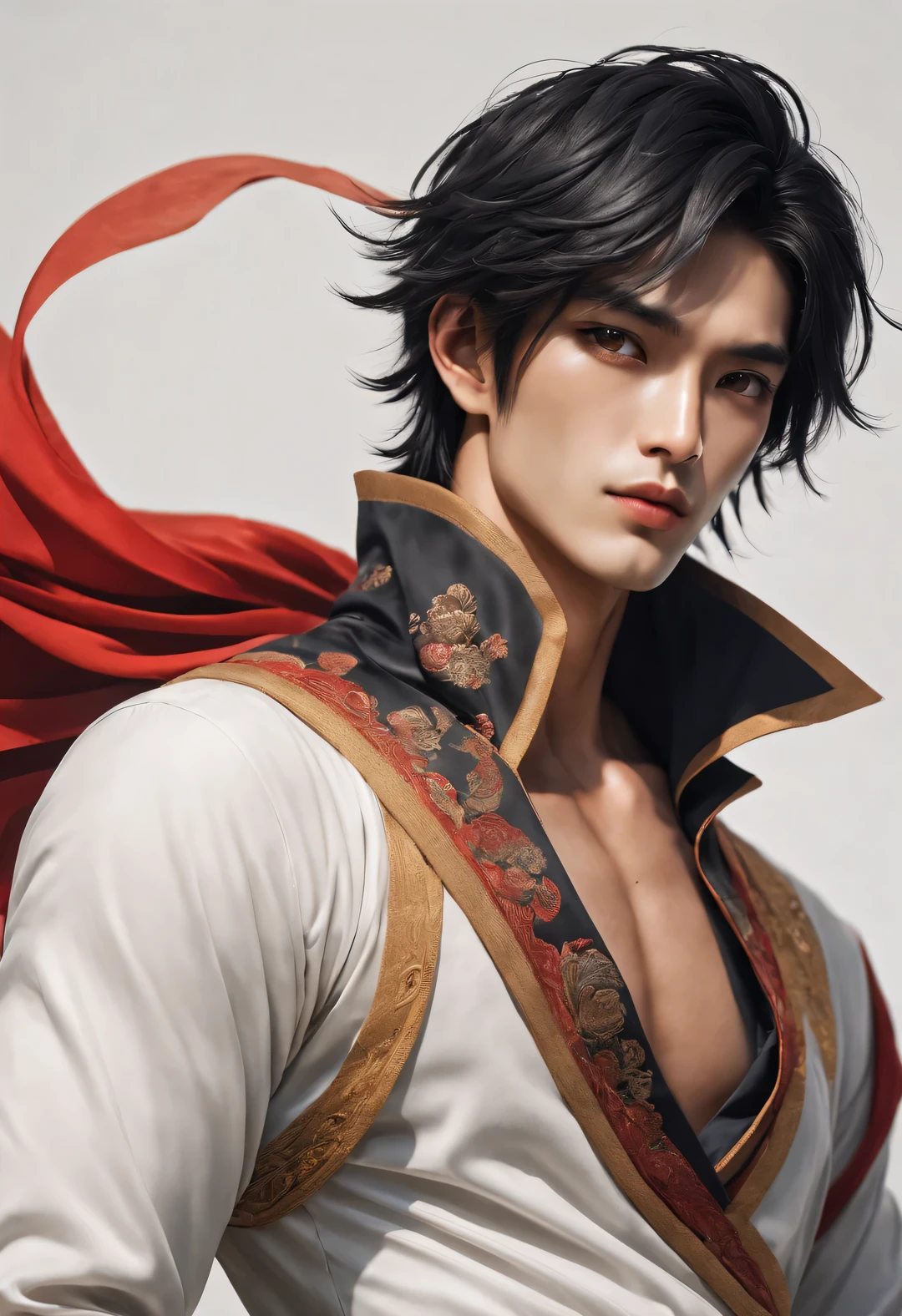 （male character design），（Half-length close-up），（Close-up of front view of melancholy handsome Chinese man Pan An），（Pan An wears modern and fashionable men&#39;s clothing&#39;S suit pants），（Pan An’s skin is fair and flawless），The bridge of his nose is high and straight，（Very long, long, long, Messy shawl hair：1.1），（Double eyelids, bright eyes, clear and bright big eyes），sad prince，Delicious food with red lips and white teeth，gentle melancholy，Pan An is tall and tall.，He has a strong physique，Toned muscles，Fresh and toned abs, His exquisite facial features，Kingly style，Noble temperament，Inspired by Chinese actor Hu Ge，black and white，Chinese ink painting，black and white插画，Surrealism，HD，