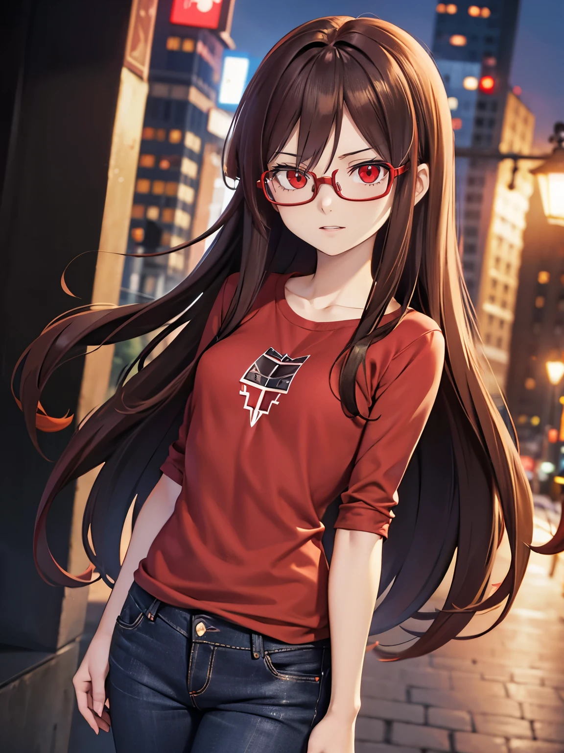 Brown hair, long hair, medium chest, red shirt, black jeans, red eyes, sharp eyes, bangs, red glasses, city, biridere, straight face, large chest, sharp irises, tall