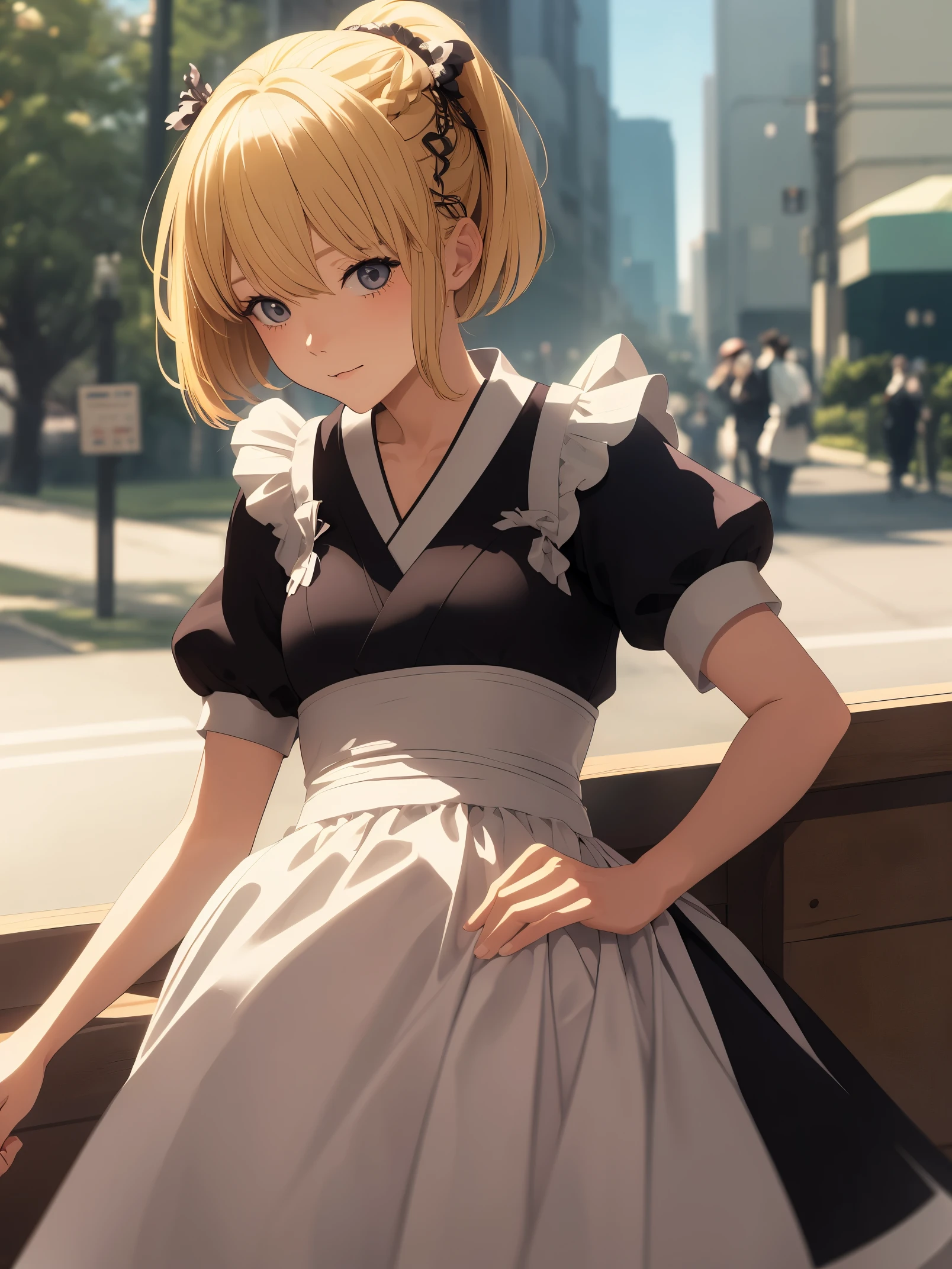 A high school girl in the style of Japanese anime illustration from 2020 with a detailed and realistic background that has depth and texture. The girl has blonde hair in a short one-length braided ponytail bob cut and wears a classical maid outfit. The theme is a maid cafe and the image is a portrait with contrast. The language in the image is Japanese and the romanization is English. The girl's eyes are realistic, complex, and detailed, and her skin texture is very fine. The girl's posing is instructed by a world-famous master and the image has a sense of dynamism. The girl's figure is a cowboy shot. The image size is 1024 x 1536 pixel