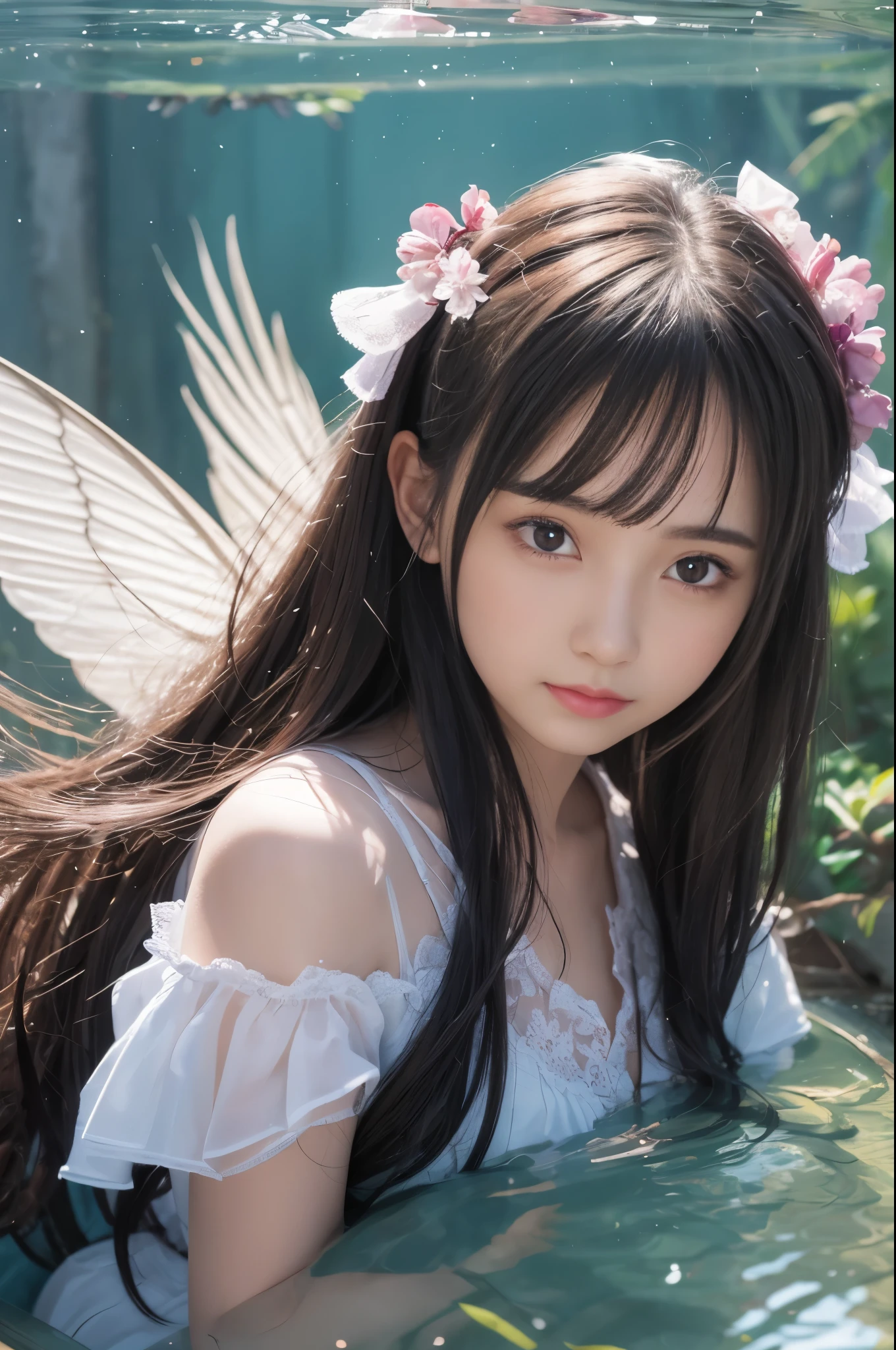 (8K、Live shooting、realistic:1.25)、1 girl、A fairy that looks like a -yeld giwith a beautiful face.、Floating in the air and looking down from above、fairy wings are transparent、in the dark forest、shy smile、whole body、luminous costume、lip gloss、Glossy skin、emerald green eyes、highest quality、ultra high resolution、