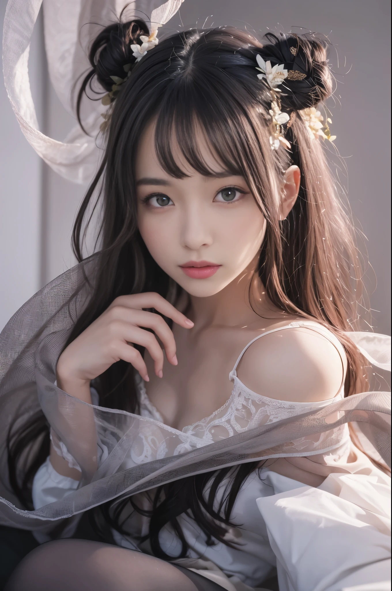 (8K、Live shooting、realistic:1.25)、1 girl、A fairy like a  girl with a beautiful face.、Floating in the air and looking down from above、fairy wings are transparent、shy smile、whole body、luminous costume、lip gloss、Glossy skin、highest quality、ultra high resolution、