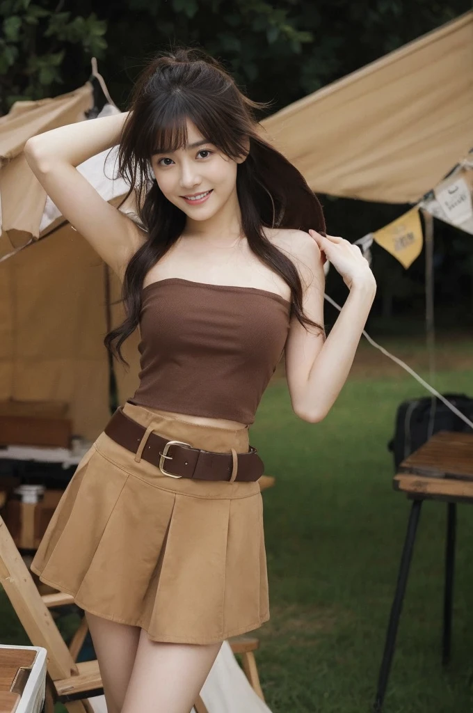 (on the table, best quality, realistically, Super detailed, meticulous, high resolution, 8k wallpaper), Close-up portrait of a beautiful woman, Chariada, smiling, light brown messy hair, Perfect dynamic composition, 美丽meticulous的眼睛, Just like the cover of a fashion magazine, on campus