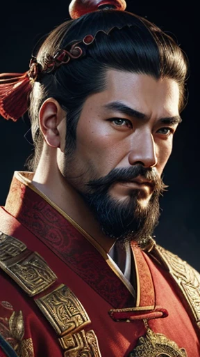 oriental、man in ancient chinese clothes、ancient chinese hairstyle man、three kingdom、multiple warlords、highest quality、masterpiece、ultra high resolution、(realistic:1.4)、game poster、Clear and beautiful image quality、Red clothes、beard、I put an embroidered red square box on my head.