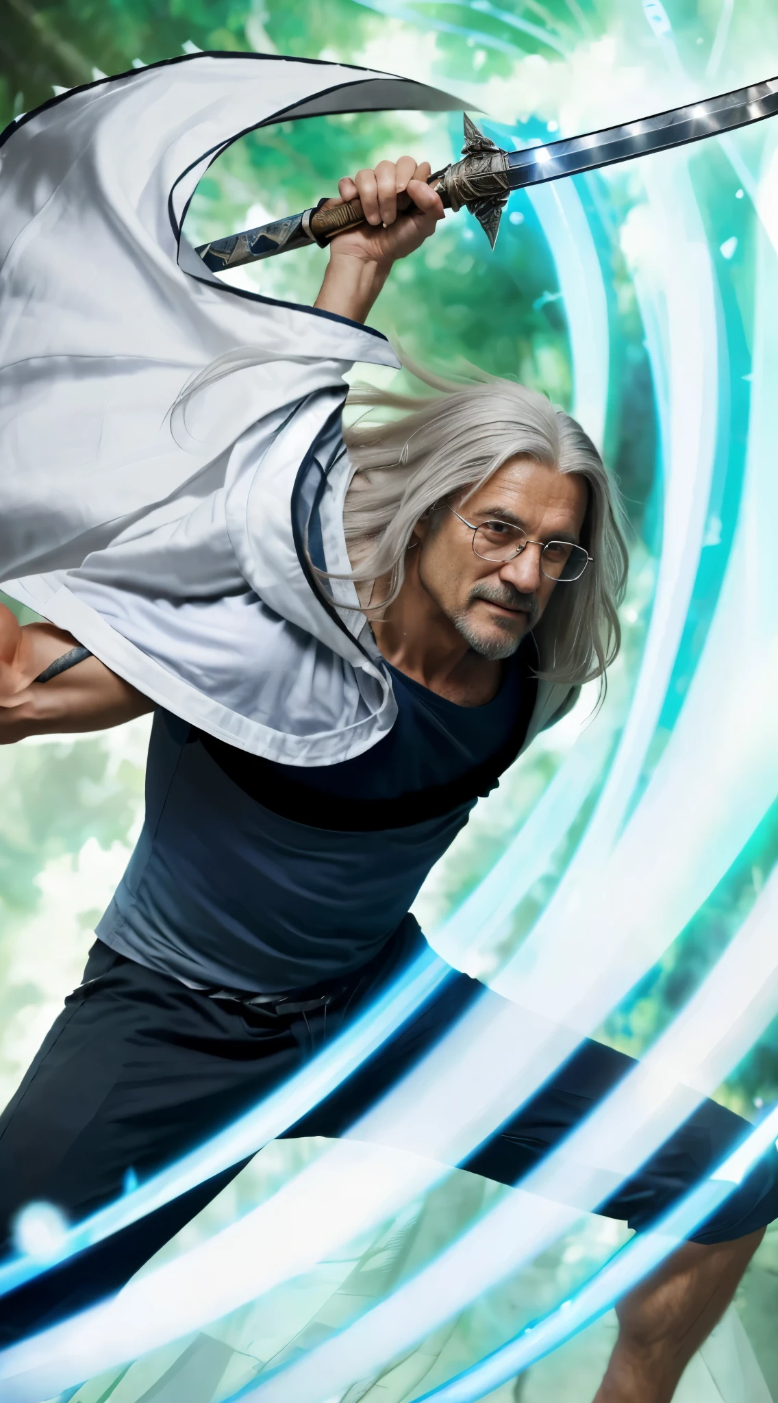 (masterpiece), (realistic), (ultra detailed), ( high reest quality), (photorealistic), (perfect face), (perfect anatomy), (((old man))), (((muscular))), (((male))), solo, Silvers Rayleigh from one piece, Silvers Rayleigh, long hair, white hair, Silvers Rayleigh from one piece hair style, (((a few strands of the character's long hair in front of the face))), wearing a blue t-shirt, wearing black shorts,  wearing a white robe and the inside of the robe is dark green, wearing round glasses, (((the character's left hand holds a sword))), the character is wielding a sword, there is a slashing light around the character, the character's mouth is smiling evilly