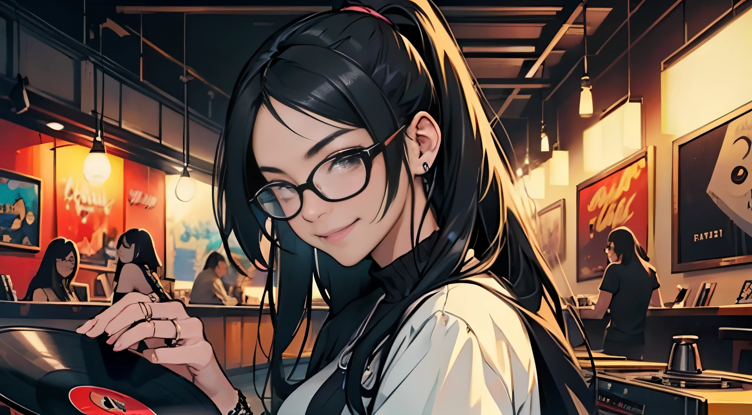 ((vinyl record)), rock band album covers, in a record bar, (a girl, beautiful, black hair, wearing glasses, wearing rings, 知性的, sweet smiling),  otherworldly, unusual, romantic, abstract, art, mystery, epic, masterpiece, high quality