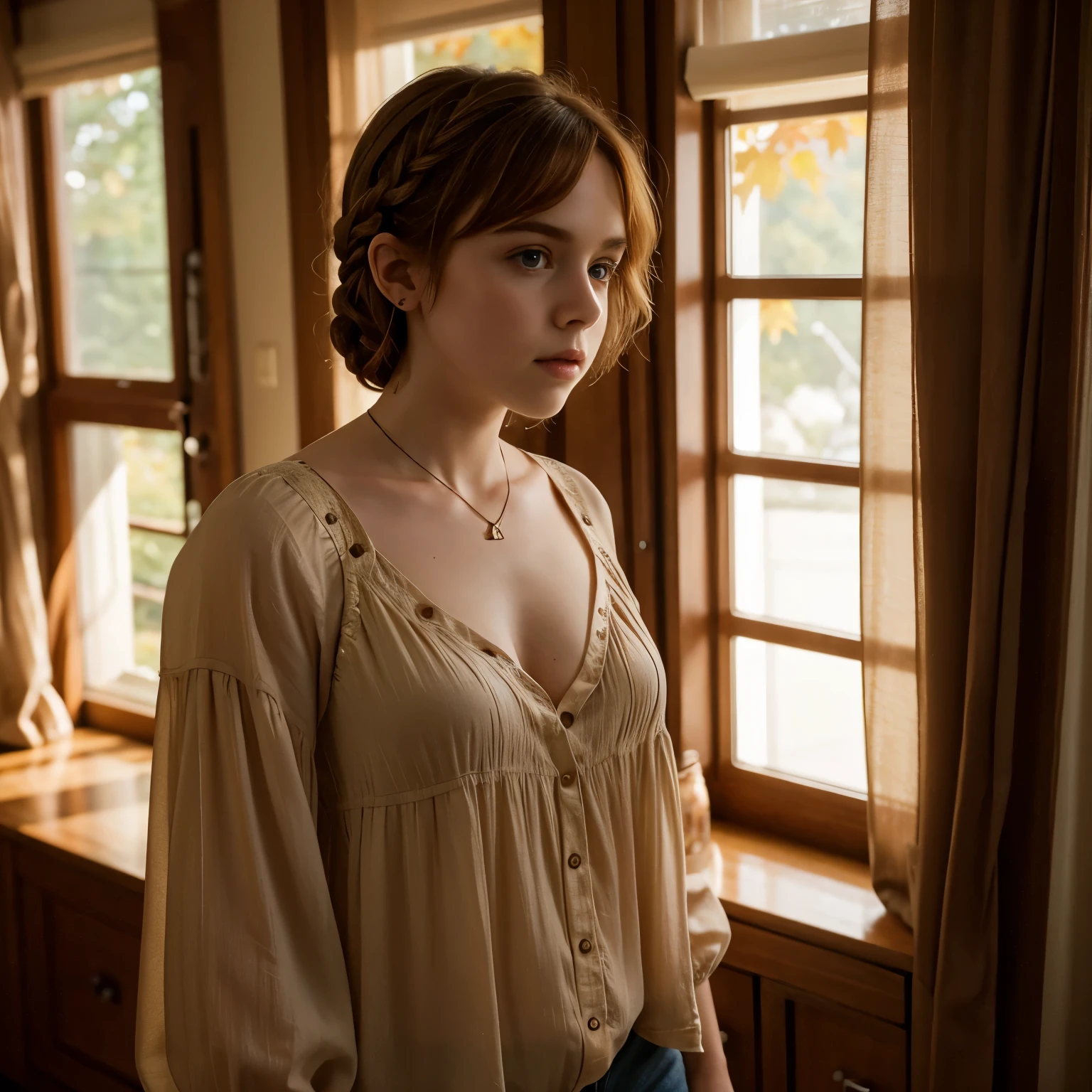 Sophia Lillis, cleavage, long braided hair, curvy body, autumn room, blouse