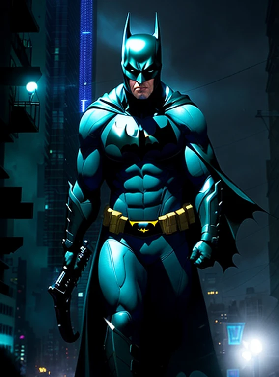 batman standing in a city at night with a flashlight, portrait of batman, batman with guns, batman portrait, batman wielding axe, the batman, from movie batman, dwayne johnson as batman, film still of batman, batman, nighttime in gotham city, in batman comic book, in batman movie still cinematic, style of raymond swanland, cyberpunk batman, in batman : arkham knight