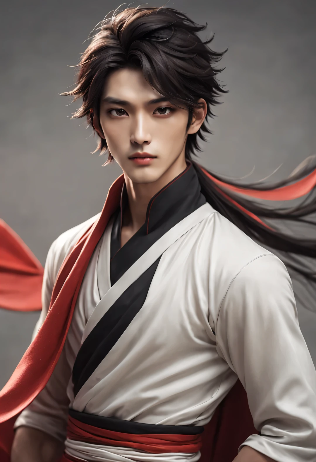 (male character design),(Half-length close-up),(Close-up of front view of melancholy handsome Chinese man Pan An),(Pan An is modern and fashionable in a black sweater),(Pan An’s skin is fair and flawless),The bridge of his nose is high and straight,(Very long, long, long, Messy shawl hair:1.1),(Double eyelids, bright eyes, clear and bright big eyes),sad prince,Delicious food with red lips and white teeth,gentle melancholy,Pan An is tall and tall.,He has a strong physique,Toned muscles,Fresh and toned abs, His exquisite facial features,Kingly style,Noble temperament,Inspired by Chinese actor Hu Ge,black and white,Chinese ink painting,black and white插画,Surrealism,HD,