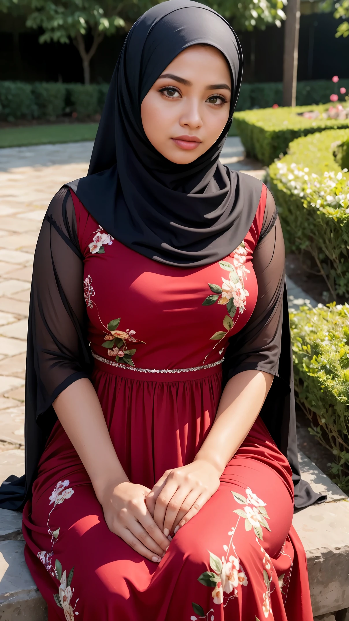 RAW, (Best quality, high resolution, work: 1.3), Beautiful Malay woman in hijab, perfect fit body, Big breast,Beautiful big eyes, Soft smile, beautiful face, slightly open mouth, thick thighs, beautiful buttocks, RAW, Best quality, high resolution, masterpiece: 1.3), beautiful Malay woman in hijab, Masterpiece, perfect fit body, big breasts, thick thighs, beautiful big eyes, Soft smile, beautifull girls, detail face, Close Up a muslim woman in purple dress with a red purse and a blue purse, long dress female, wearing an elegant dress, wearing long gown, wearing beautiful clothes, wearing an elegant outfit, wearing a long dress, wearing a purple dress, simple dress, full covered dress, very beautiful enga style, wearing red floral gown, with lovely look,sitting in garden flower