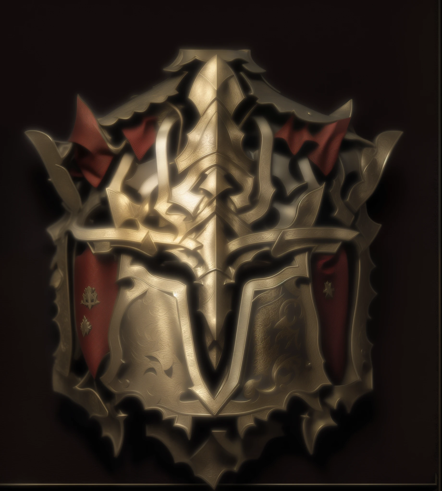 Close-up of helmet on black background, Heavy jpeg artifacts blurry, character icon, fantasy shield, coat of arms, emblem of wisdom, Armor plates, imprint, Templar, Shielding design, Breastplate, the ancient symbols behind it, halberd, Heavy jpeg artifacts, For Honor character concept art, 8k high definition wallpaper jpeg artifact