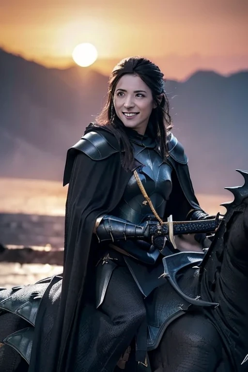 extremely detailed CG unity 32K wallpaper, top quality, masterpiece, raw photo, photorealistic, highest resolution, professional photo, dynamic, cinematic lighting, (fantasy, Lord of the Rings:1.4), sharp focus, depth of field, (perfect body, correct anatomy:1.5), intricately detailed face, expressive face, POV, (from front:1.3), (cowboy shot:1.2), 1 girl, ((female Nazgûl:1.3)), solo, looking at viewer, intricately detailed face, highly detailed skin, black hair, ultra-realistic eyes, dark eyes, hyper-realistic nose and lips, expressive face, (evil smile:1.5), ((black iron armor:1.5)), ((black cape with hood:1.2)), (perfect body proportion:1.4), slender, medium breast, (((riding a black dragon-like creature:1.4))), ((holding 1 long sword:1.3)), flying the sky above Gondor, evening, sunset,