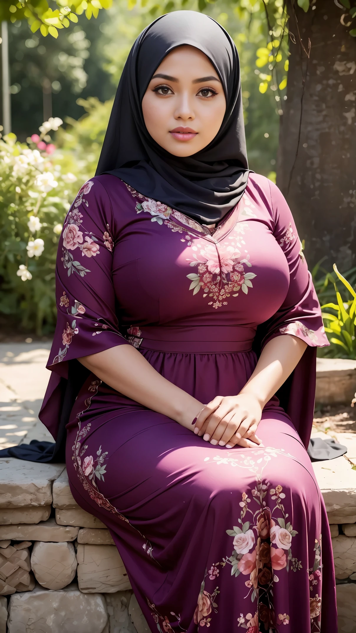 RAW, (Best quality, high resolution, work: 1.3), Beautiful Malay woman in hijab, perfect fit body, Big breast,Beautiful big eyes, Soft smile, beautiful face, slightly open mouth, thick thighs, beautiful buttocks, RAW, Best quality, high resolution, masterpiece: 1.3), beautiful Malay woman in hijab, Masterpiece, perfect fit body, big breasts, thick thighs, beautiful big eyes, Soft smile, beautifull girls, detail face, Close Up a muslim woman in purple dress with a red purse and a blue purse, long dress female, wearing an elegant dress, wearing long gown, wearing beautiful clothes, wearing an elegant outfit, wearing a long dress, wearing a purple dress, simple dress, full covered dress, very beautiful enga style, wearing red floral gown, with lovely look,sitting in garden flower