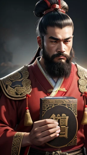 oriental、man in ancient chinese clothes、ancient chinese topknot man、three kingdom、multiple warlords、highest quality、masterpiece、ultra high resolution、(realistic:1.4)、game poster、Clear and beautiful image quality、Red clothes、beard、Hidden in a box