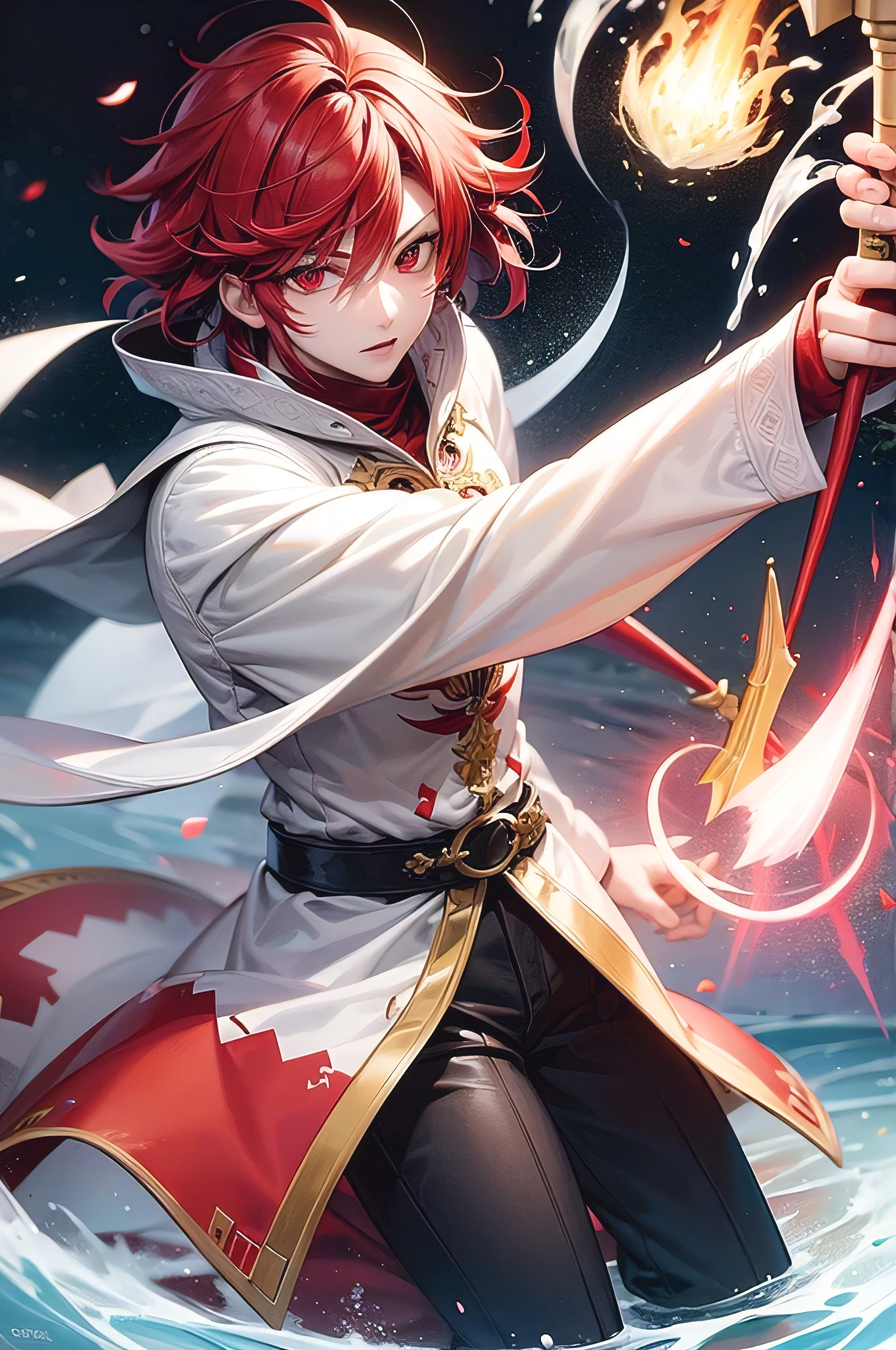 One man., 25 years old, red hair, short hair, conjunctivitis, fantasy worlds, Mage., white clothes, Water Mantra, fight, Korean man face. Holding a magic wand