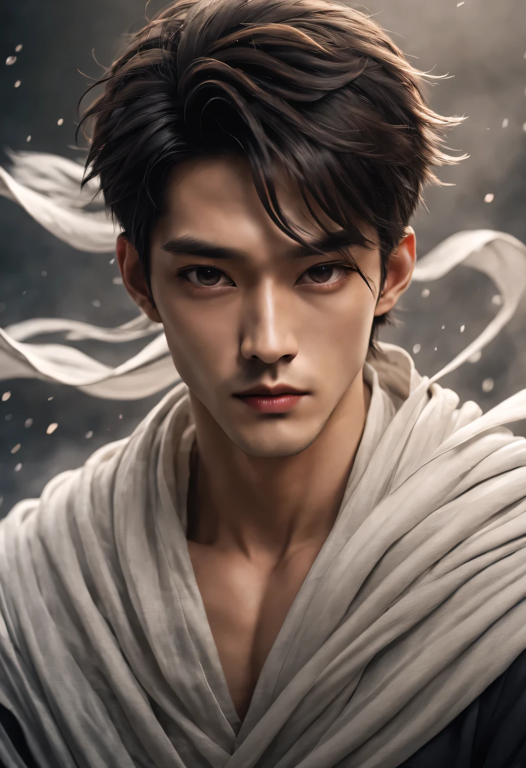 (male character design),(Close-up of bust photo),(Close-up of front view of melancholy handsome Chinese man Pan An),(Very long, long, long, Messy shawl hair:1.1)(Pan An wears modern fashion jeans),(Toned muscles),(Fresh and toned abs)(Pan An’s skin is fair and flawless),The bridge of his nose is high and straight,Double eyelids, bright eyes, clear and bright big eyes),sad prince,Delicious food with red lips and white teeth,gentle melancholy,high and high.,He has a strong physique,Exquisite facial features,Kingly style,Noble temperament,Inspired by Gregory Peck and Chinese actor Hu Gehe,black and white,Chinese ink painting,black and white插画,Surrealism,HD,