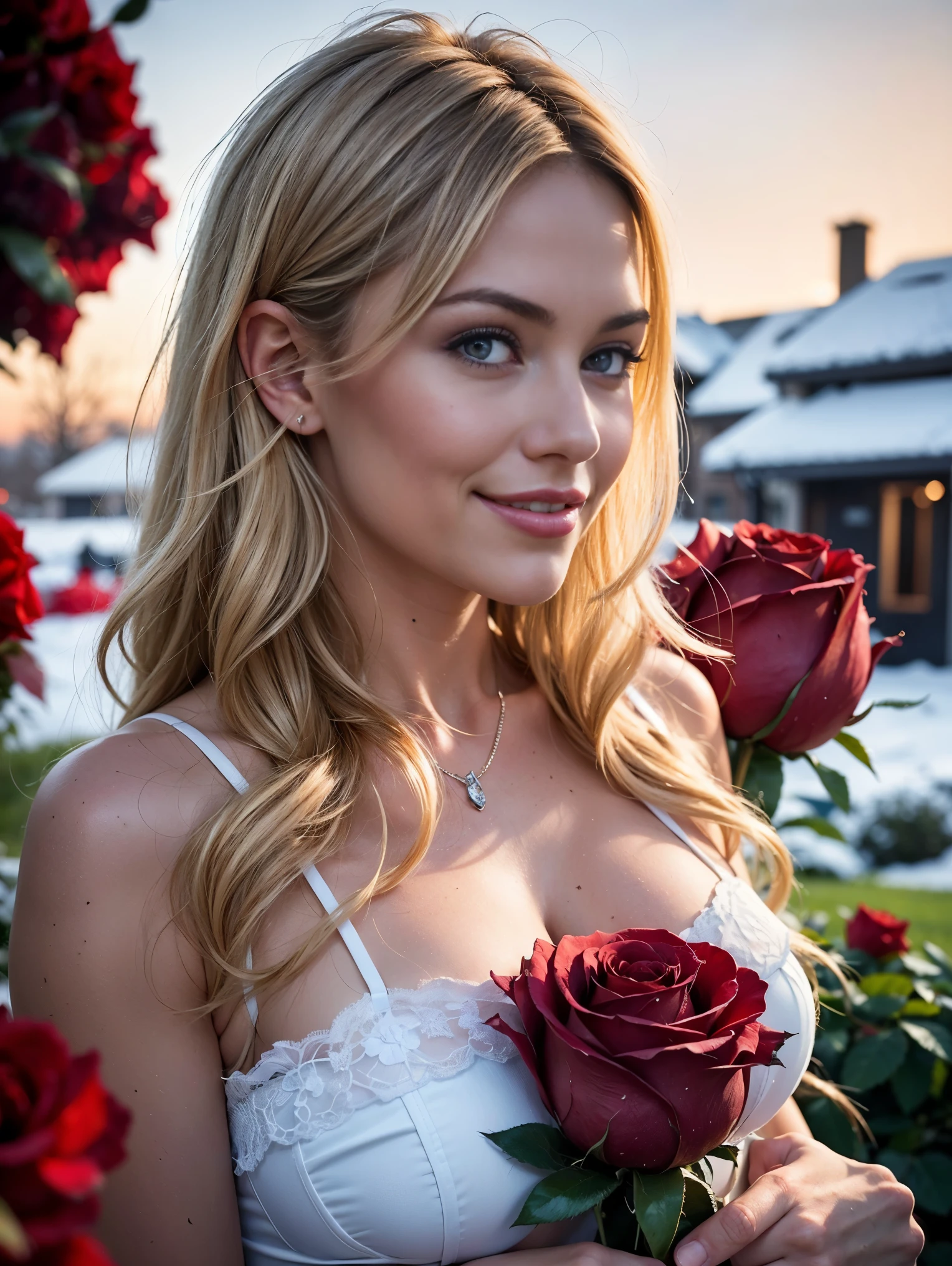 Masterpiece, ultra realistic. Front facing cowboy shot picture. ((The First low third of the picture is full of blurry red roses:1.3)). Behind the roses is an ultra hot gorgeous European woman, age 23, wavy blonde hair, she's a playmate, men magazine model. (She is leaning forward. smelling roses with a smile:1.2). sheer lace, she’s smelling the roses with a subtle smile. Background a snowy village in a winter night with northern lights.
